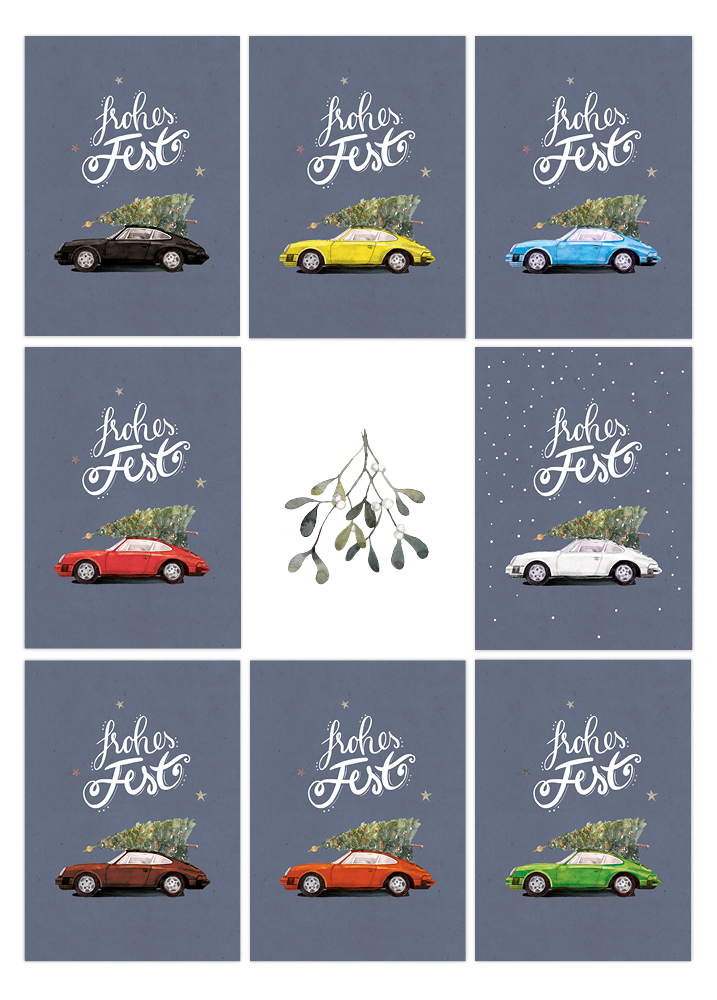 Home Weihnachtskarte Porsche 911 in acht Farben. Größe DIN A6