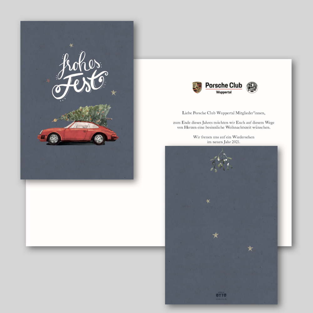Eine individuelle Karte von Frecher Fritz. Eine Weihnachtskarte für einen Porsche Club.